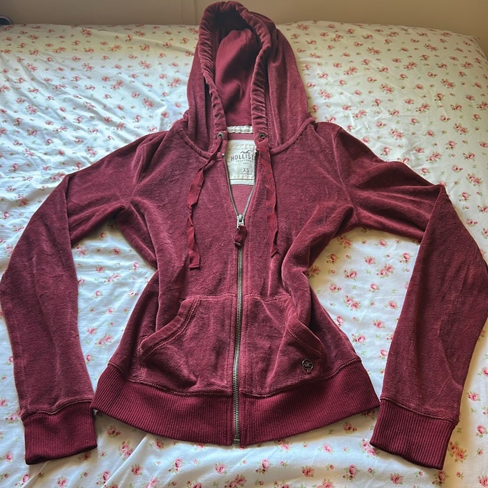 Vintage Hollister Red Velour Zip-Up hoodie